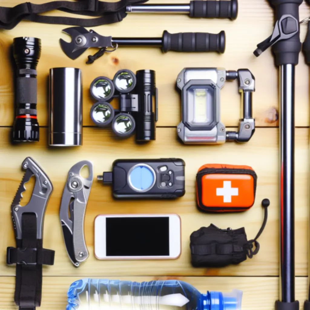 Zestaw akcesoriów turystycznych takich jak latarka czołowa, kijki trekkingowe i powerbank