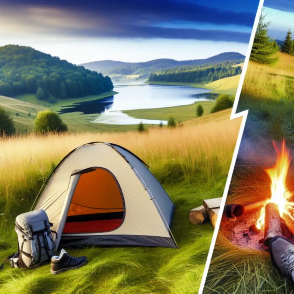 Namiot rozbity na tle polskiego krajobrazu z jeziorami i lasem