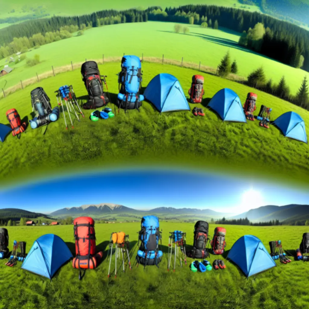 Zestaw sprzętu turystycznego rozłożony na polanie, namiot, śpiwory i plecaki Anima PL